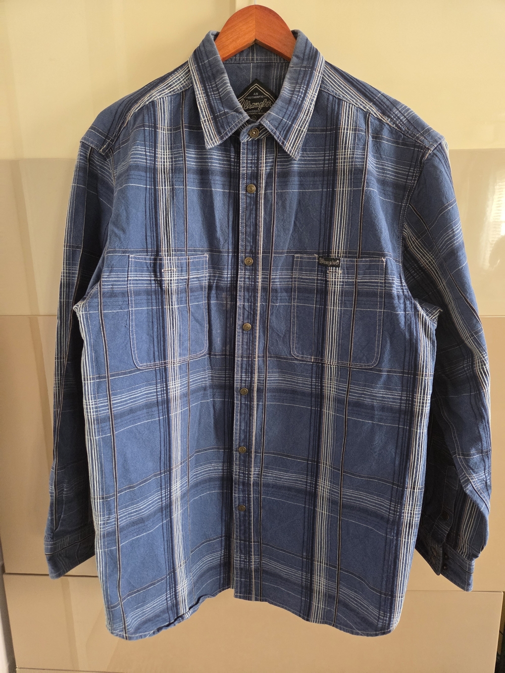 Vintage Wrangler Authentic Western Plaid Shirt Heavy Cotton XL Blue Tan Workwear